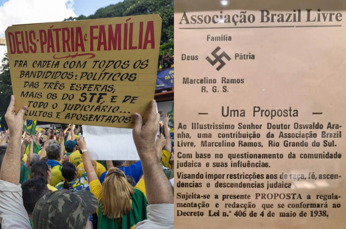 À esquerda, cartaz «Deus, Pátria e Família» em ato bolsonarista; à direita, documento da Associação Brazil Livre com o mesmo lema em torno de uma suástica, dirigido a Oswaldo Aranha
