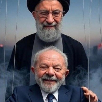 Montagem que circula nas redes: o aiatolá Ali Khamenei manipula Lula como marionete