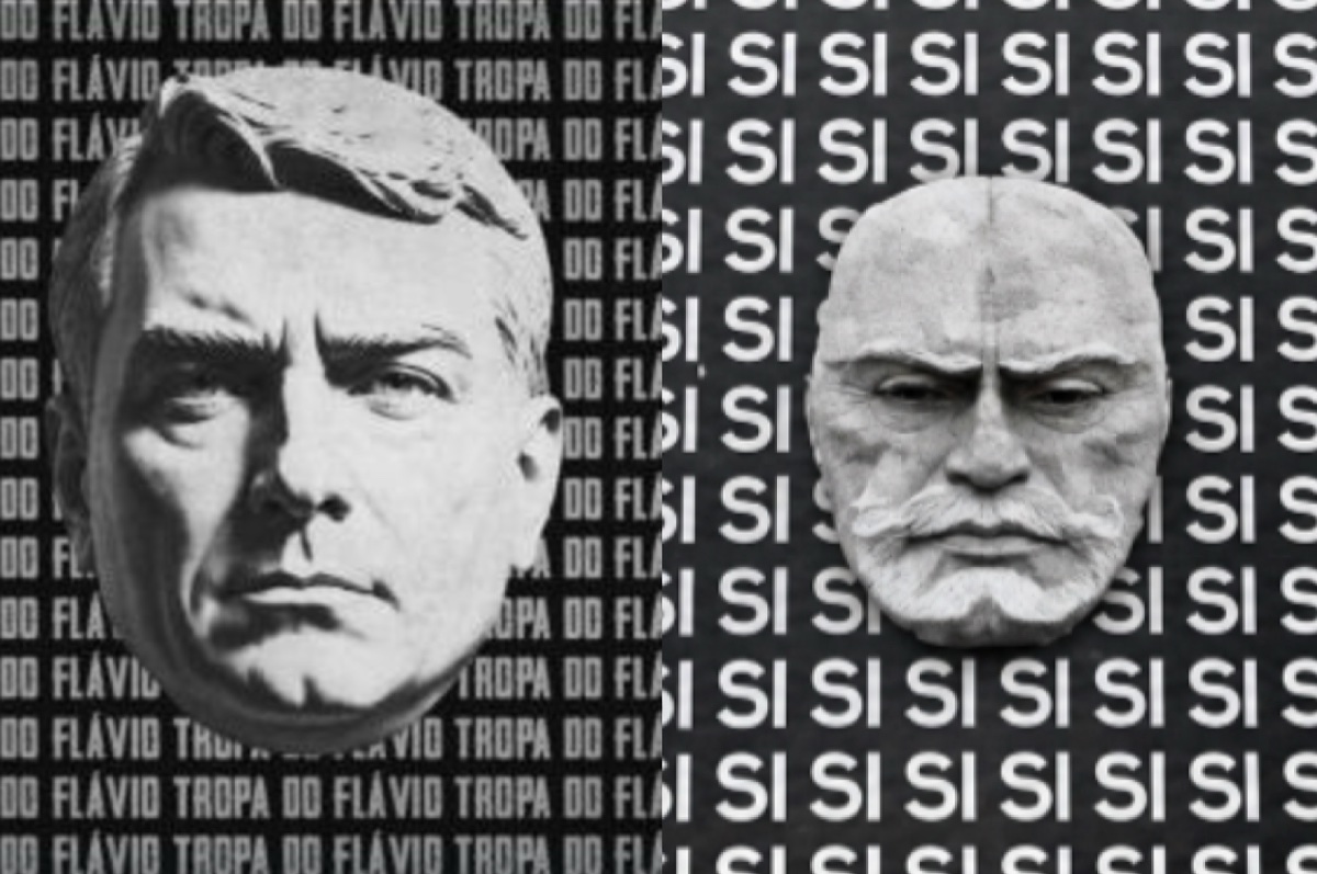 Lado a lado: rosto de Flávio Bolsonaro sobre fundo «Tropa do Flávio» repetido, e busto de Mussolini sobre fundo «Sì» repetido