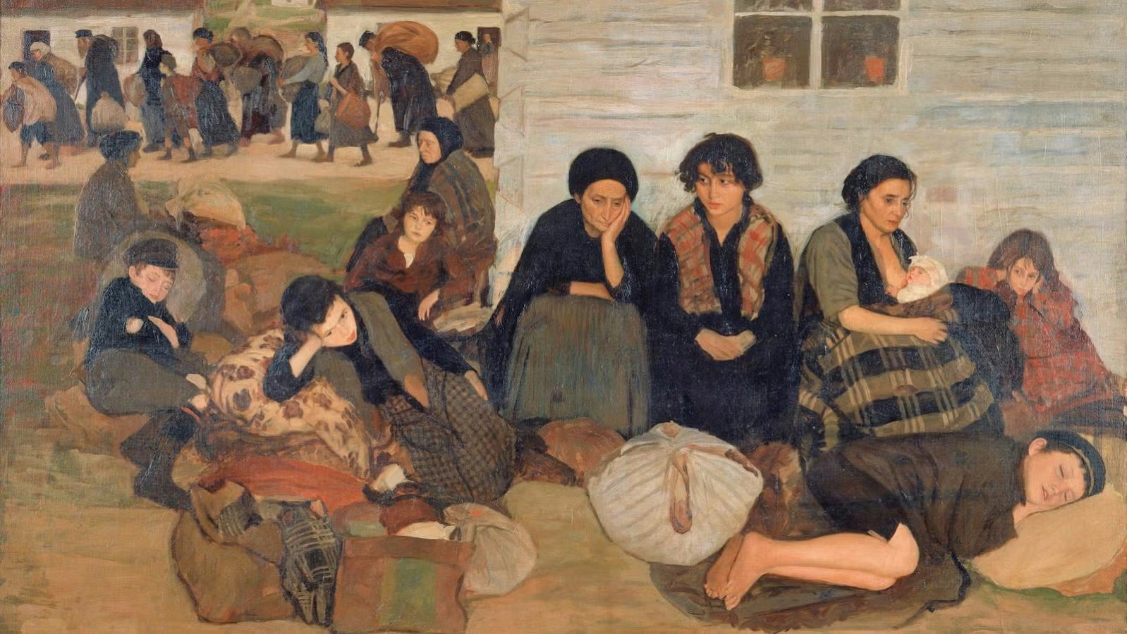 Pintura de Maurycy Minkowski: famílias judias sentadas com seus pertences depois de um pogrom